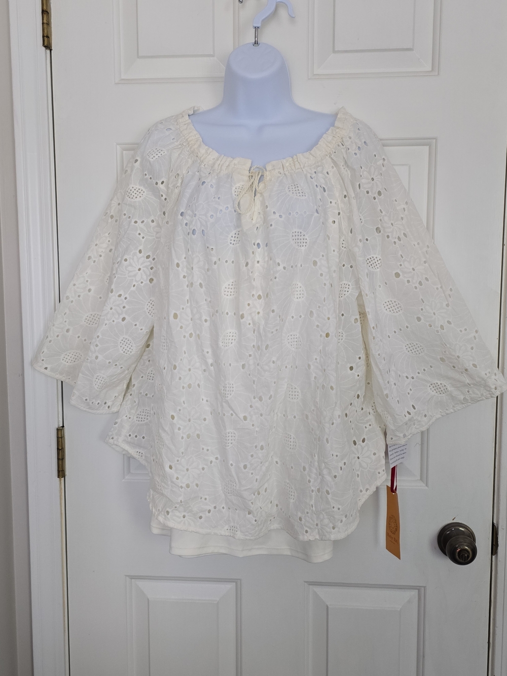 NWT Ruby Rd White Eyelet Peasant Blouse Boho Bell Sleeve Top XL
